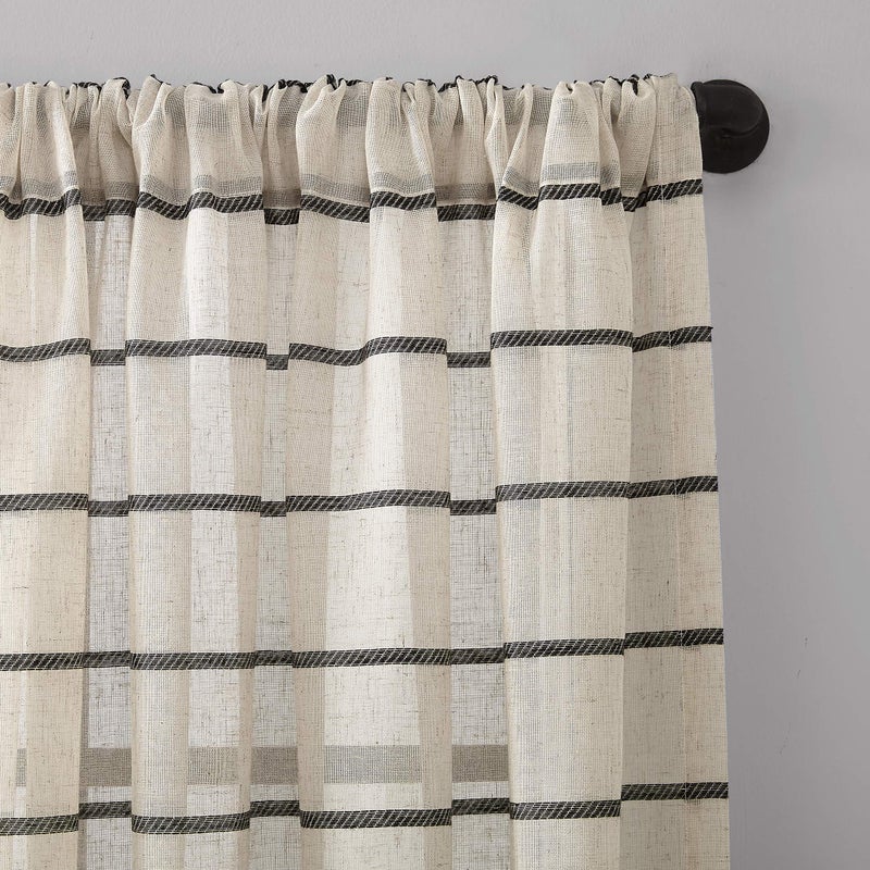Clean Window Twill Stripe Anti-Dust Allergy/Pet Friendly Anti-Dust Sheer Curtain Panel, 52" x 63, Black/Linen - Image 3